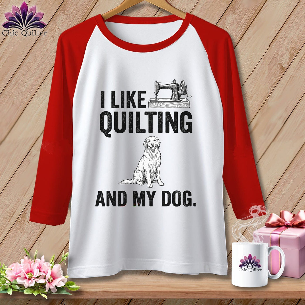 MyDesigns Physical Item XS / White/Red I Like Quilting and My Golden ~ Raglan Tee