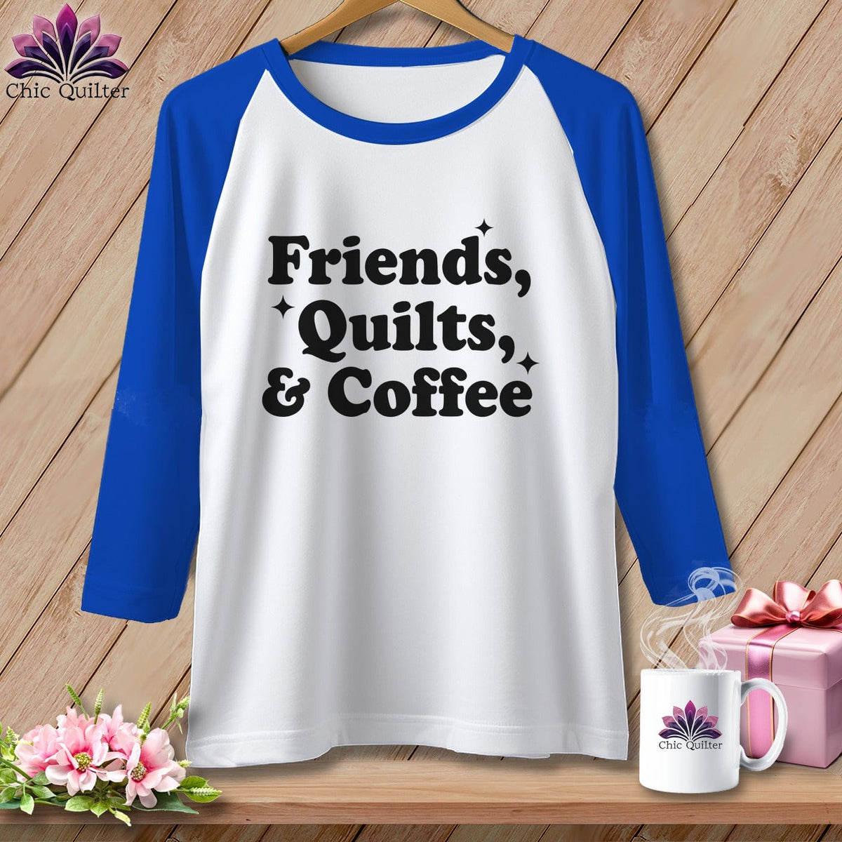 MyDesigns Physical Item XS / White/True Royal Friends, Quilts & Coffee ~ Raglan Tee