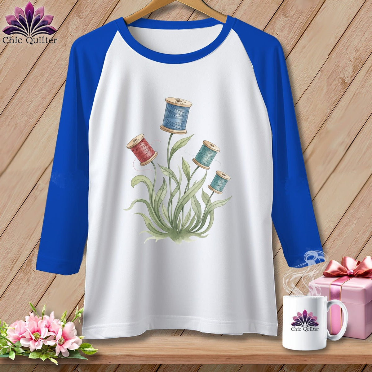 MyDesigns Physical Item XS / White/True Royal Spool Blooms ~ Raglan Tee