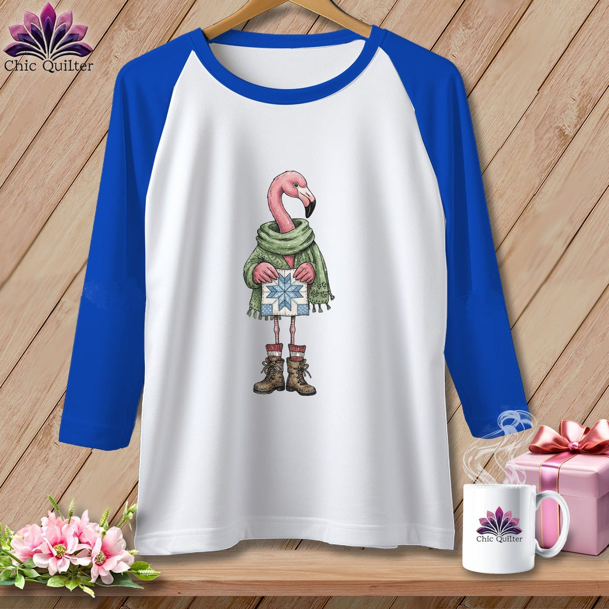 MyDesigns Physical Item XS / White/True Royal The Starry ~ Eyed Flamingo Quilter ~ Raglan Tee
