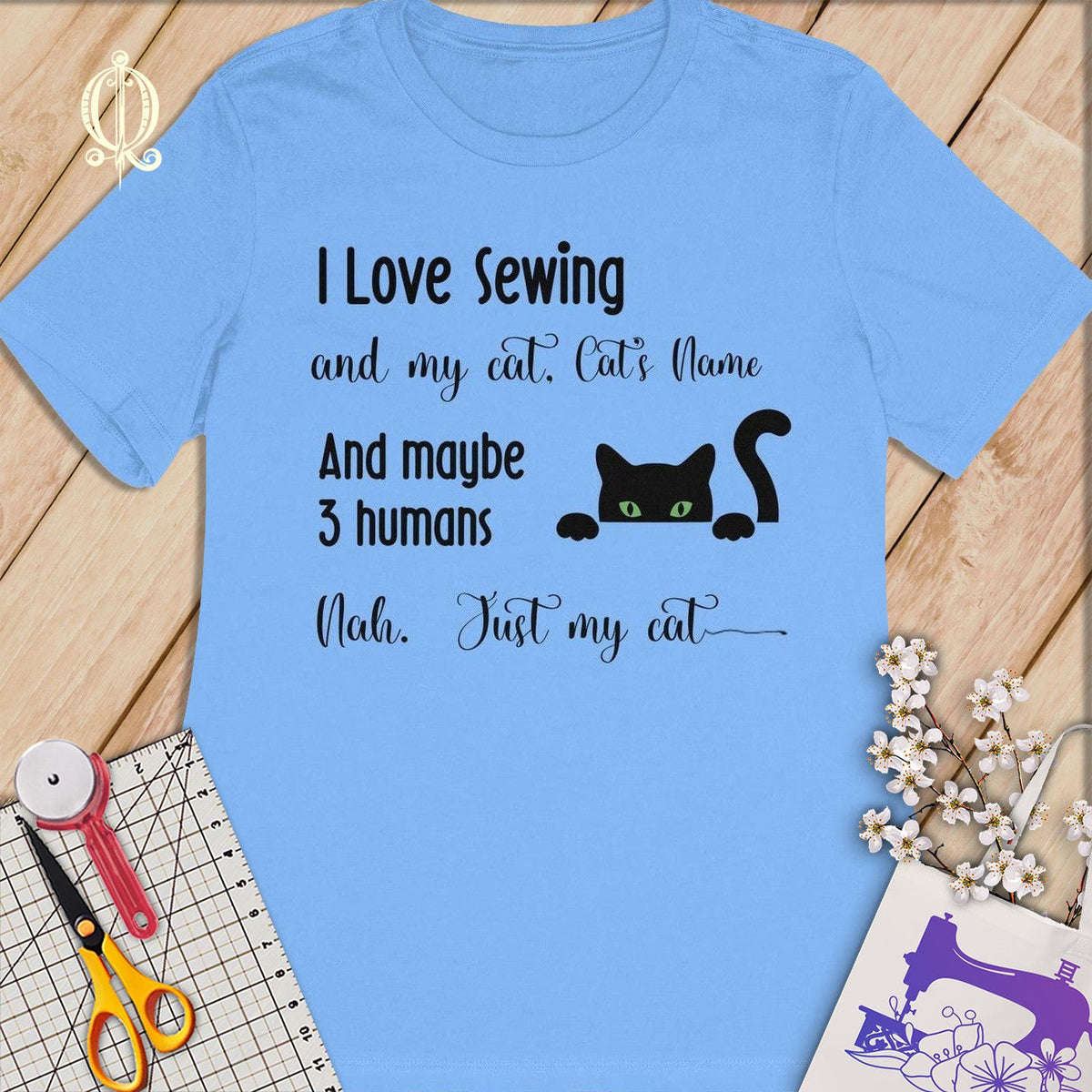 MyDesigns S / Carolina Blue Customized I Love Sewing T-Shirt: Personalized with your Cat's Name!