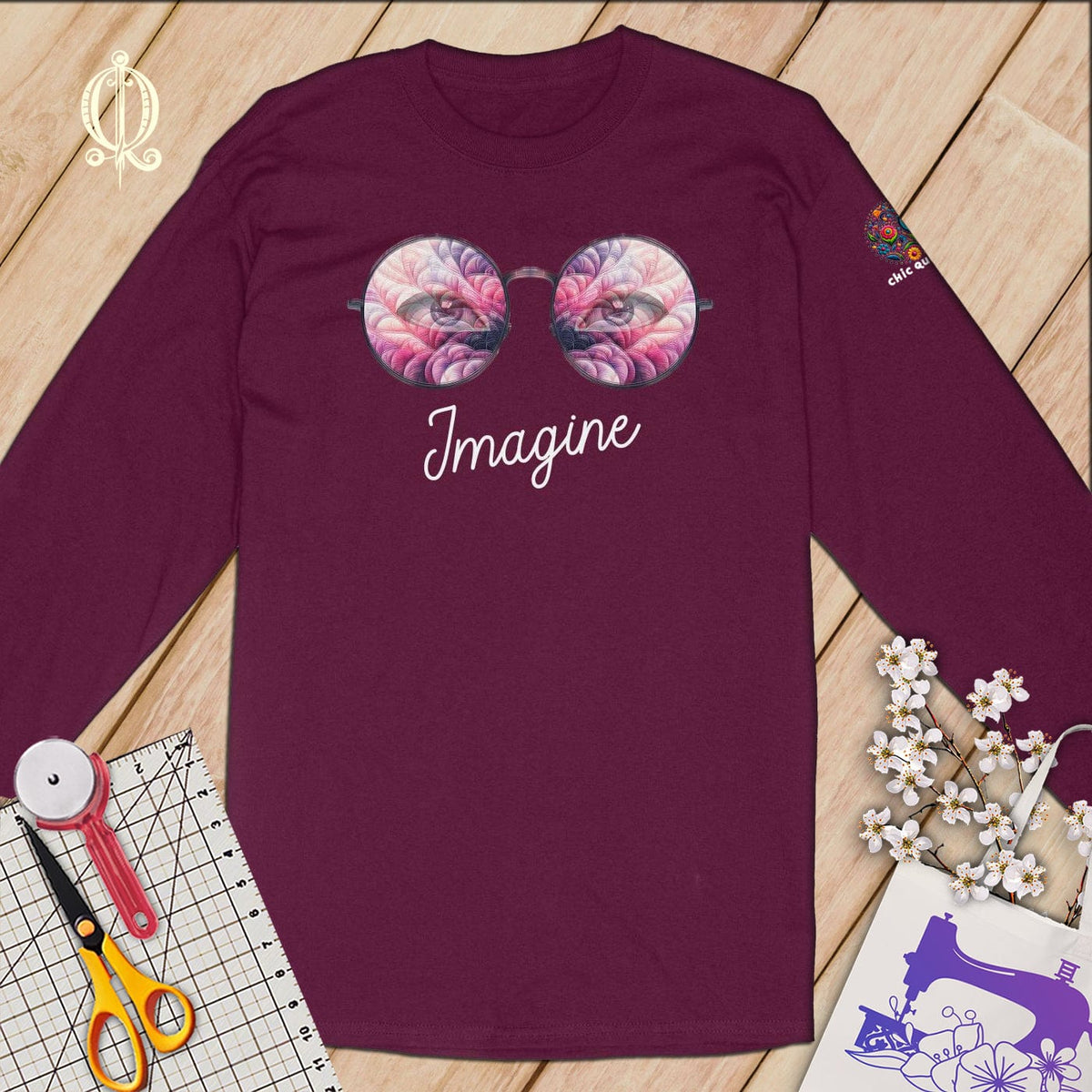 MyDesigns S / Maroon Imagine Quilt Reflection in Pink ~Limited Edition Long Sleeve Tee