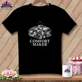 Black t-shirt with a folded quilt graphic and 