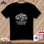Black t-shirt with a folded quilt graphic and "COMFORT MAKER" text.