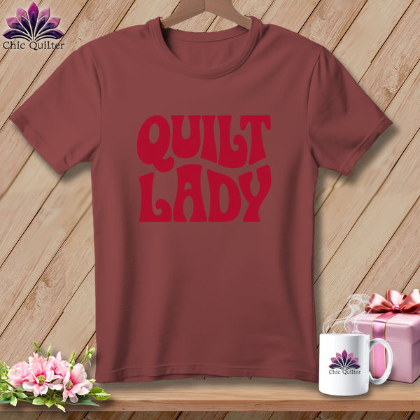 Maroon t-shirt with red "QUILT LADY" graphic and Chic Quilter logo.