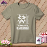 Tan t-shirt with quilt block graphic and text 