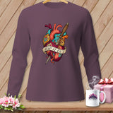 Purple long-sleeve shirt with anatomical heart graphic and dagger, text reads 