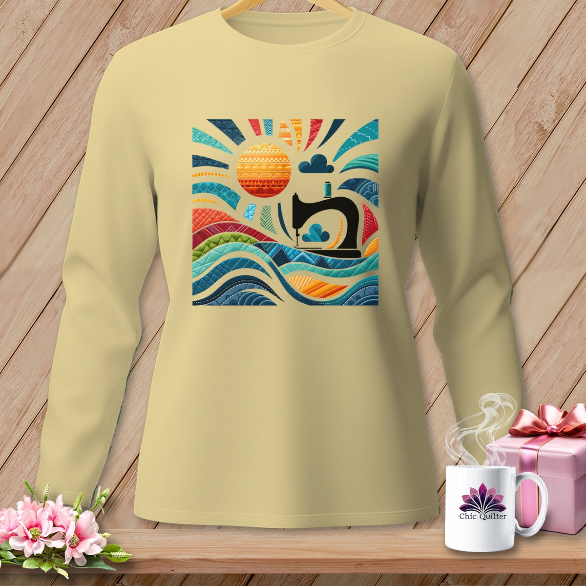 Long-sleeve t-shirt with a sewing machine and abstract sun graphic.
