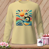 Long-sleeve t-shirt with a sewing machine and abstract sun graphic.