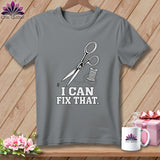 Grey t-shirt with scissors, thread, and text 