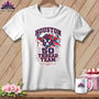 White t-shirt hanging on a wooden background, featuring a Houston 50 Thread Team bull graphic.
