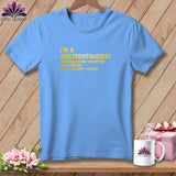 Light blue t-shirt with yellow text reading 