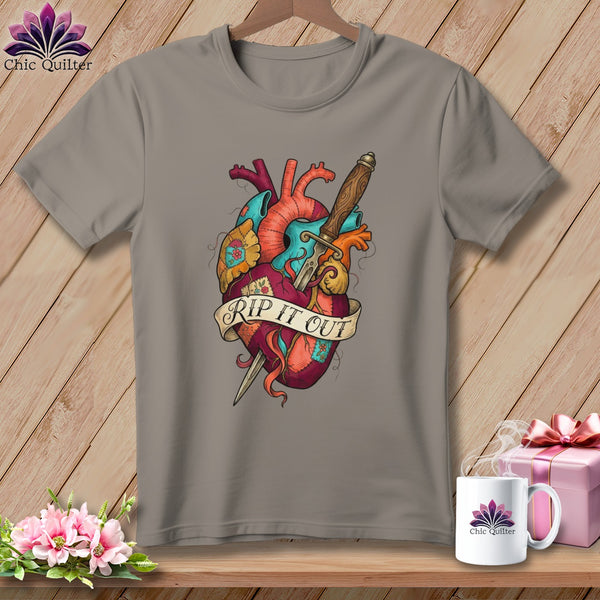 Grey t-shirt with anatomical heart, dagger, and "RIP IT OUT" banner design.