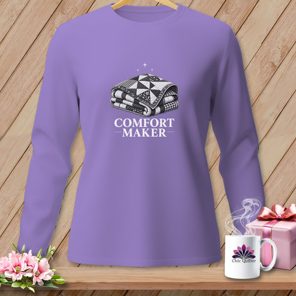 Long-sleeved purple t-shirt with a quilt graphic and "COMFORT MAKER" text.