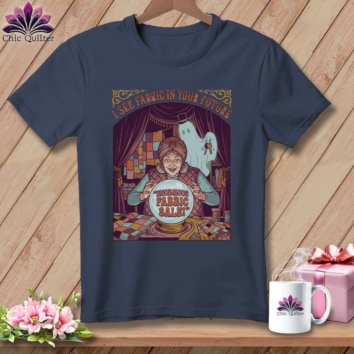 T-shirt with fortune teller, ghost, and text "I see fabric in your future."