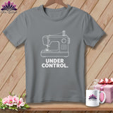 Grey t-shirt with white sewing machine graphic and 