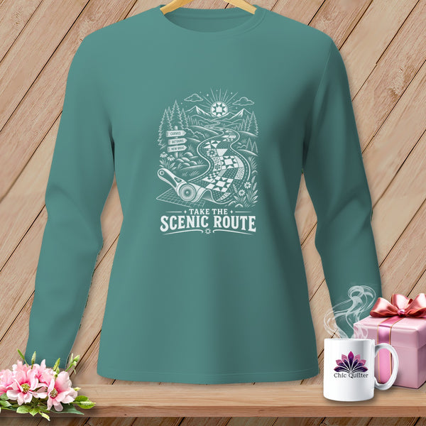 Teal long-sleeve shirt with "Take the Scenic Route" graphic featuring a winding road.