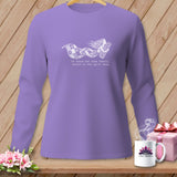 Purple long-sleeve shirt with a white graphic of a woman holding fabric and text.