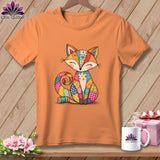 An orange t-shirt displays a colorful patchwork fox graphic on the front against a wooden background.