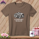 Brown t-shirt with graphic of folded quilt and text 