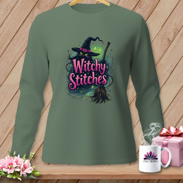 Green long-sleeve shirt with "Witchy Stitches" text and a witch hat.