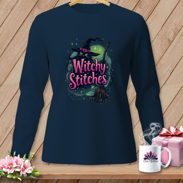Navy long-sleeve shirt with "Witchy Stitches" text and black cat graphic.