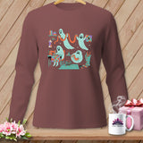 Long sleeve maroon shirt with cute ghosts sewing and crafting for Halloween.