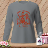 Long sleeve grey shirt with orange graphic reading 