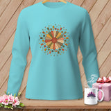 Turquoise long-sleeve shirt with a circular sewing motif featuring spools, buttons, and pins.