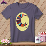 T-shirt with a crescent moon design featuring a witch and a spool of thread.