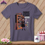 T-shirt graphic of a witch by a fabric stash with text: "FABRIC STASH NONE OF YOUR BUSINESS."