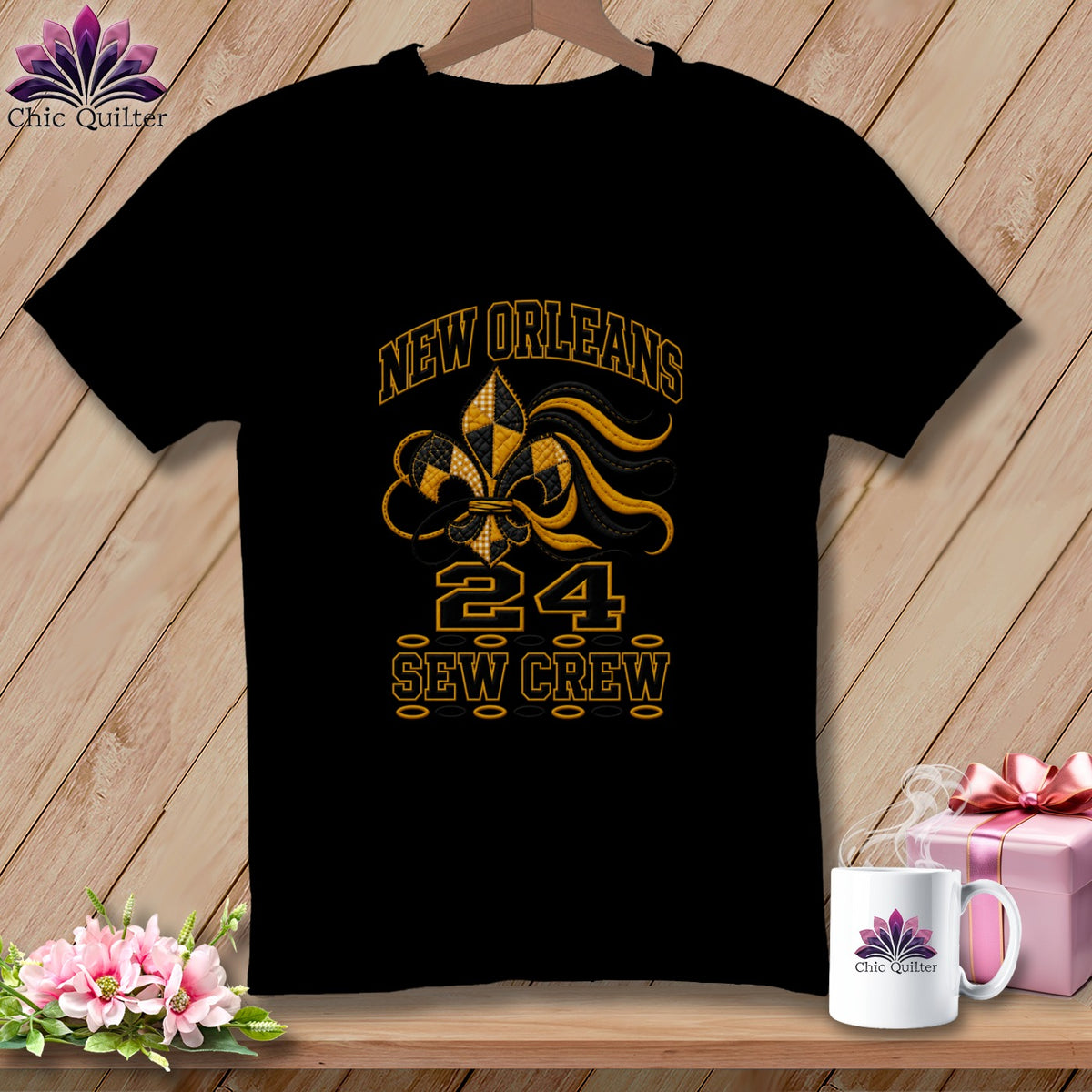 Black crewneck t-shirt featuring a gold and black New Orleans 24 Sew Crew embroidery design.