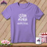 Purple t-shirt with stacked quilts graphic and text 