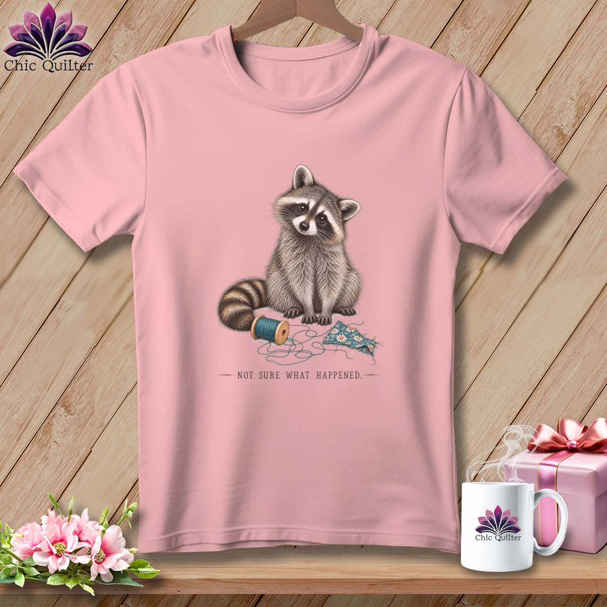Pink t-shirt with raccoon, spool of thread, fabric, and text "NOT SURE WHAT HAPPENED".