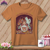 T-shirt graphic with a fortune teller and a ghost predicting 