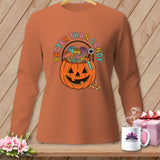 Orange long-sleeve shirt with pumpkin graphic and 