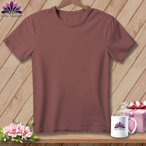 Mauve t-shirt with Chic Quilter logo on mug and gift box.