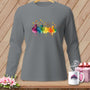 Gray long-sleeve shirt with colorful sewing notions and watercolor splashes graphic.