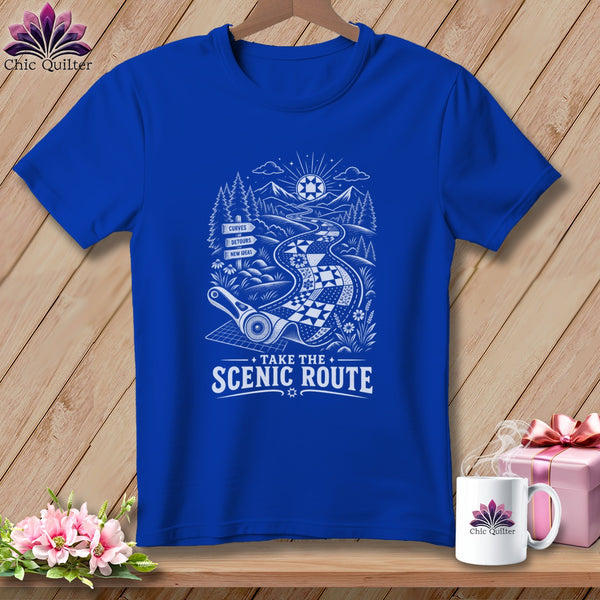 Blue t-shirt with "Take the Scenic Route" graphic of a road and mountains.