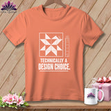 Peach t-shirt with a quilt block design and the text 