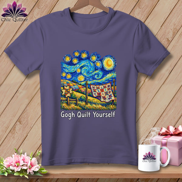 T-shirt with Van Gogh's Starry Night reimagined with quilts and the text "Gogh Quilt Yourself".