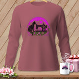 Long-sleeve shirt with a black cat and sewing machine design.