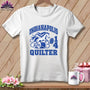 White t-shirt with blue graphic featuring a running horse, thread spool, needle, and text reading Indianapolis Quilter.