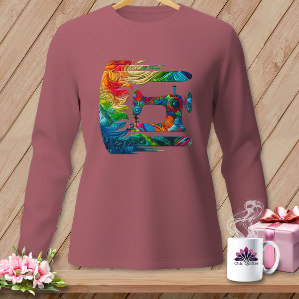 Long sleeve shirt with colorful abstract sewing machine graphic and "Chic Quilter" mug.