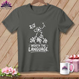 Dark grey t-shirt with quilting block character, flag, and text 