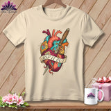 Cream t-shirt with anatomical heart and dagger graphic saying 