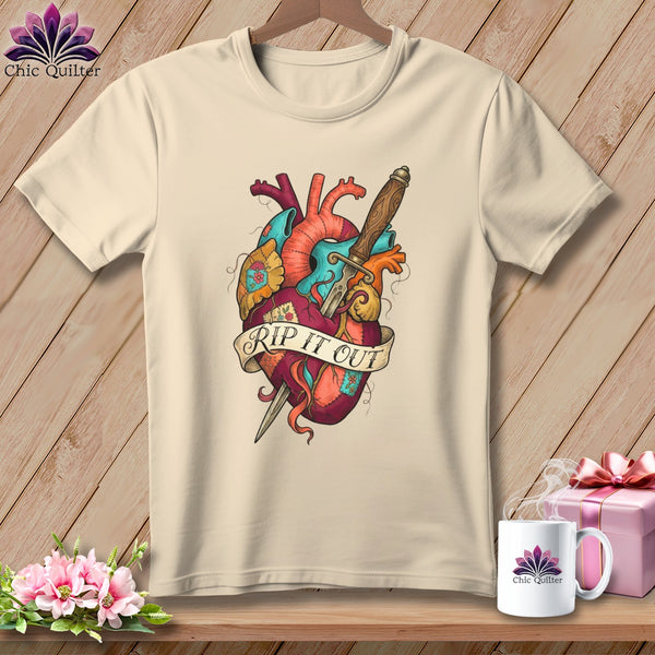 Cream t-shirt with anatomical heart and dagger graphic saying "RIP IT OUT".