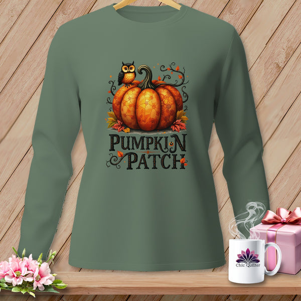 Long sleeve shirt with owl and pumpkin graphic reading "Pumpkin Patch".