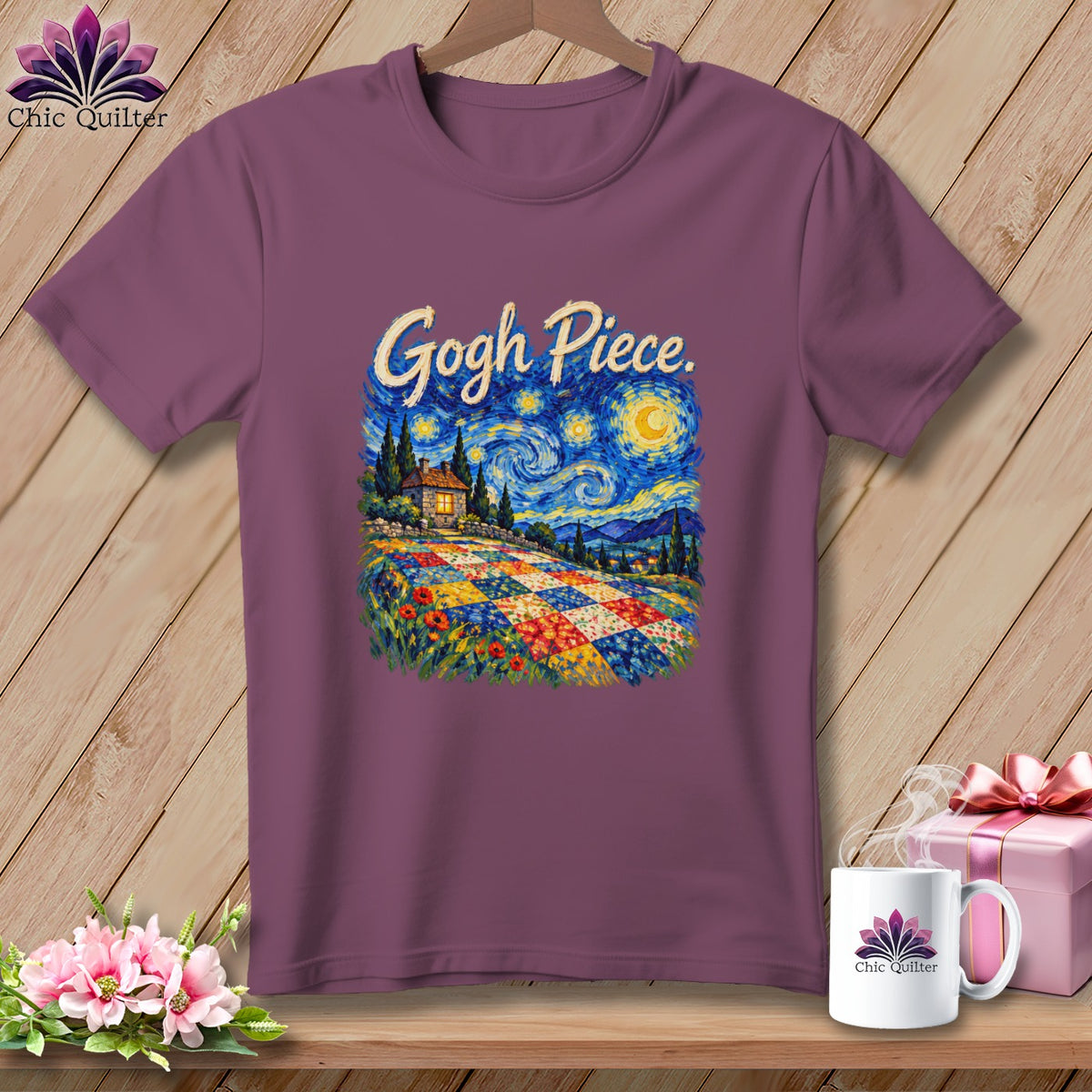 A purple t-shirt featuring a Starry Night graphic with a colorful quilt foreground and the text Gogh Piece.
