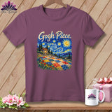 A purple t-shirt featuring a Starry Night graphic with a colorful quilt foreground and the text Gogh Piece.
